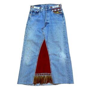 Vintage Buzz 18 Levi's 501 Reworked Upcycled Denim Skirt Beaded Feathers Festiva